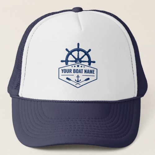 Your Boat Name Anchor Oars Helm Stars in Navy Blue Trucker Hat