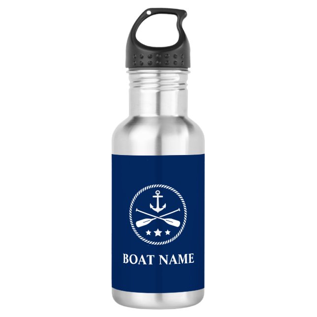 Your Boat Name Anchor & Oars Navy Blue Stainless Steel Water Bottle (Front)