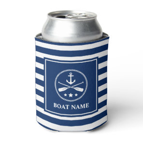 Your Boat Name Anchor & Oars Navy Blue Striped Can Cooler