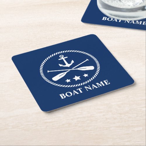 Your Boat Name Anchor Oars  Stars Navy Blue Square Paper Coaster