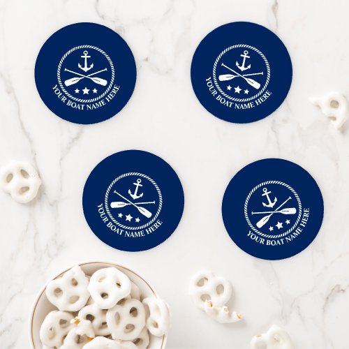 Your Boat Name Anchor Oars  Stars on Navy Blue Coaster Set
