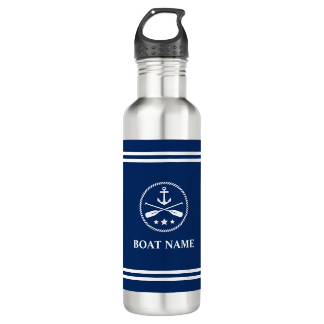 Your Boat Name Anchor & Oars White Stripes Stainless Steel Water Bottle (Front)