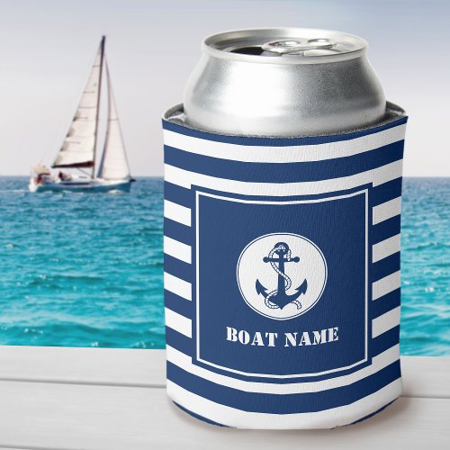 Your Boat Name Anchor  Rope Blue Striped Can Cooler