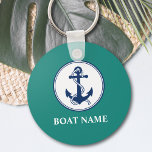 Your Boat Name Anchor & Rope Keychain<br><div class="desc">A personalized nautical themed keychain with your boat name, family name or other desired text. This unique design features a custom made boat anchor emblem with rope in classic navy blue and accented on a chic white circle all on a background of beautiful teal blue. If needed, background color can...</div>