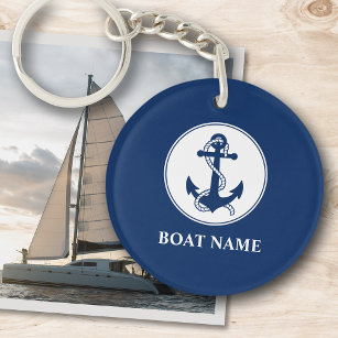 Your Boat Name Anchor & Rope Navy Blue 2 Sided Keychain