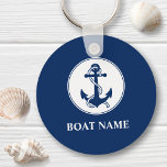 Your Boat Name Anchor & Rope Navy Blue Keychain<br><div class="desc">A personalized nautical themed keychain with your boat name, family name or other desired text. This unique design features a custom made boat anchor emblem with rope in classic navy blue and accented on a chic white circle all on a background of navy blue. If needed, background color can be...</div>