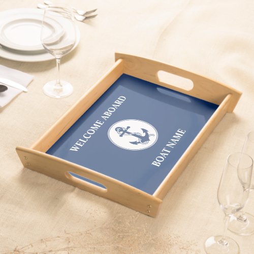 Your Boat Name Anchor  Rope Navy Blue Serving Tray