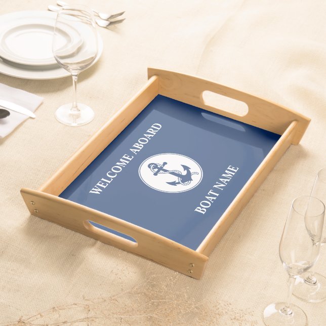 Your Boat Name Anchor & Rope Navy Blue Serving Tray (Front)