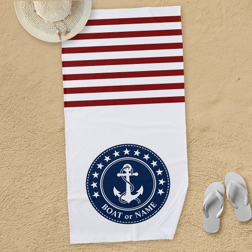 Your Boat Name Anchor Stars Stripes Red White Blue Beach Towel