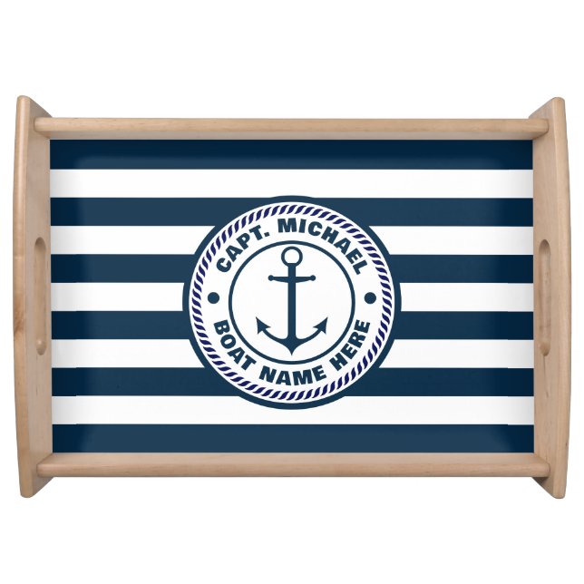 Your Boat Name Anchor Welcome Aboard Blue white    Serving Tray (Front)