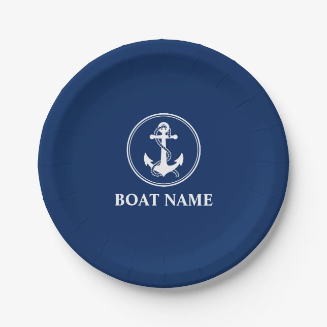 Your Boat Name Anchor With Rope Navy Blue 7" Paper Plates (Front)
