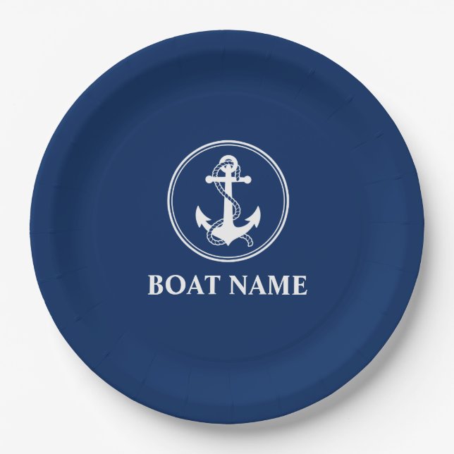 Your Boat Name Anchor With Rope Navy Blue 9" Paper Plates (Front)