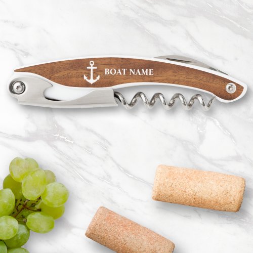 Your Boat Name Anchor Wood Style Waiters Corkscrew