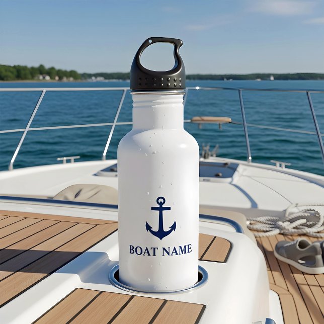 Your Boat Name Blue Anchor White Stainless Steel Water Bottle (Creator Uploaded)