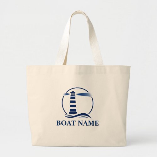 Your Boat Name Blue Classic Lighthouse Grocery Large Tote Bag