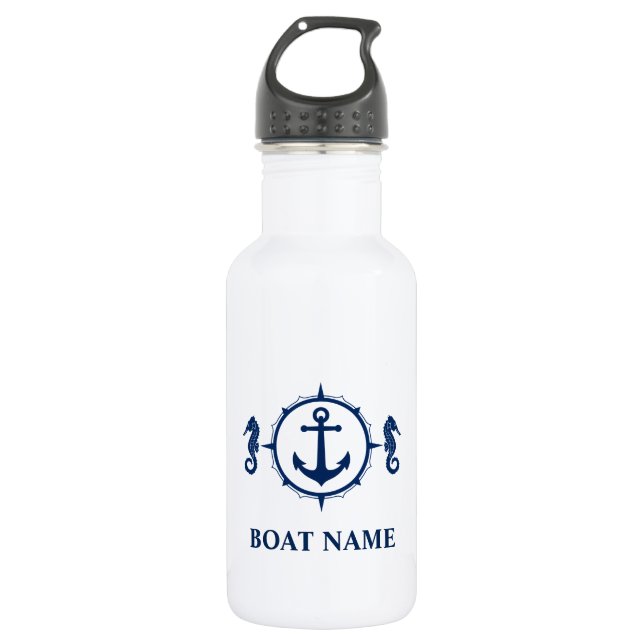 Your Boat Name Blue Seahorse Anchor White Stainless Steel Water Bottle (Front)