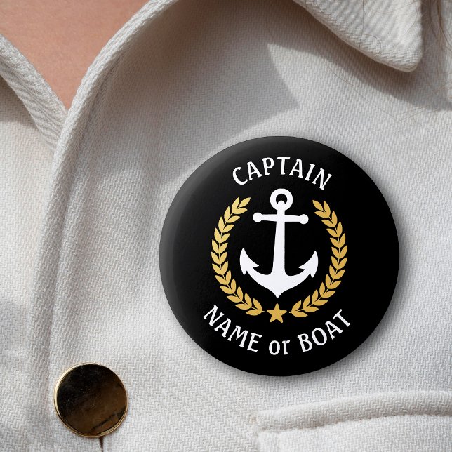 Your Boat Name Captain Anchor Gold Laurel Black Button (Several sizes and shapes to choose from.)