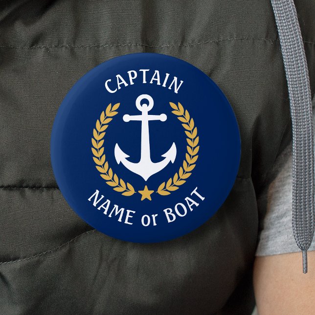 Your Boat Name Captain Anchor Gold Laurel Navy Button (Several sizes and shapes to choose from.)