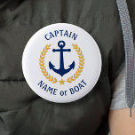 Your Boat Name Captain Anchor Gold Laurel White Button<br><div class="desc">A Personalized Button with your boat name, family name or other desired text and Captain title or other rank as needed. Featuring a custom designed nautical boat anchor, gold style laurel leaves and star emblem on white or easily adjust the primary color to match your current theme. Makes a great...</div>