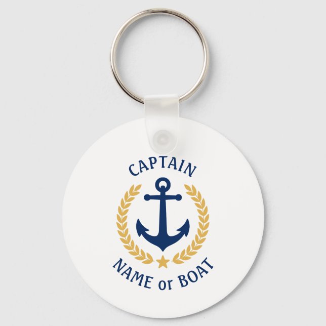 Your Boat Name Captain Anchor Gold Laurel White Keychain (Front)