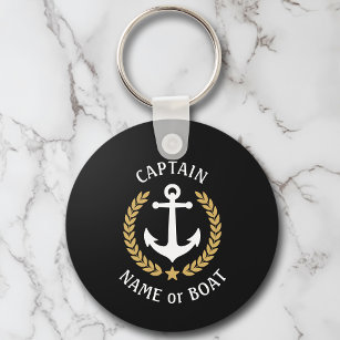 Your Boat Name Captain Anchor Laurel Navy Black Keychain