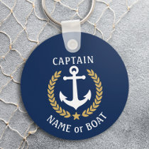 Your Boat Name Captain Anchor Laurel Navy Blue Keychain
