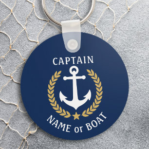 Your Boat Name Captain Anchor Laurel Navy Blue Keychain