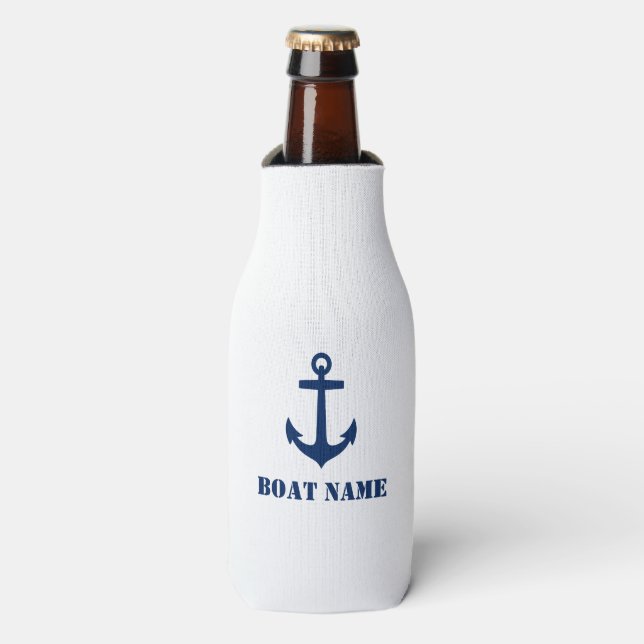 Your Boat Name Classic Anchor Navy Blue & White Bottle Cooler (Bottle Front)