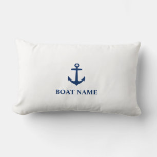 Your Boat Name Classic Anchor Navy Blue & White Lumbar Pillow