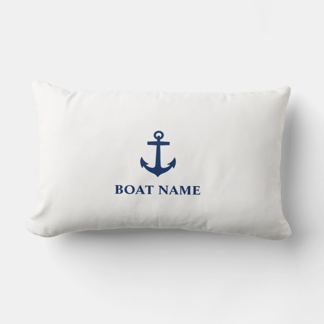 Your Boat Name Classic Anchor Navy Blue & White Lumbar Pillow (Front)