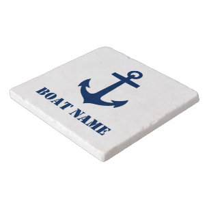 Your Boat Name Classic Anchor Navy Marble Trivet