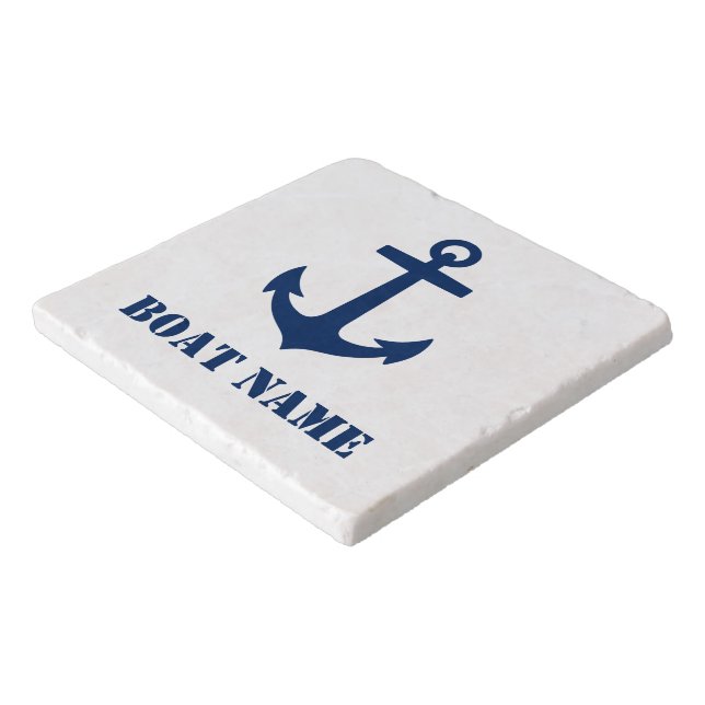 Your Boat Name Classic Anchor Navy Marble Trivet (Corner)