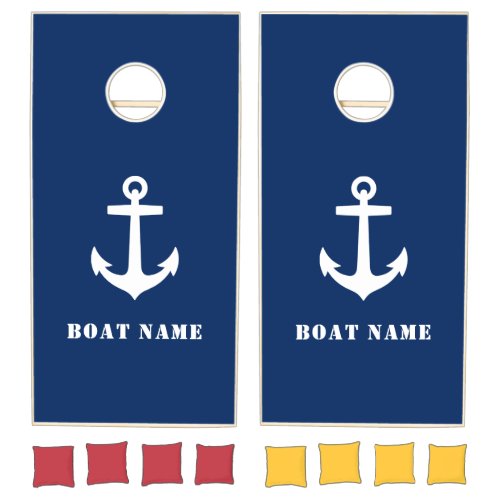 Your Boat Name Classic Anchor on Navy Blue Cornhole Set