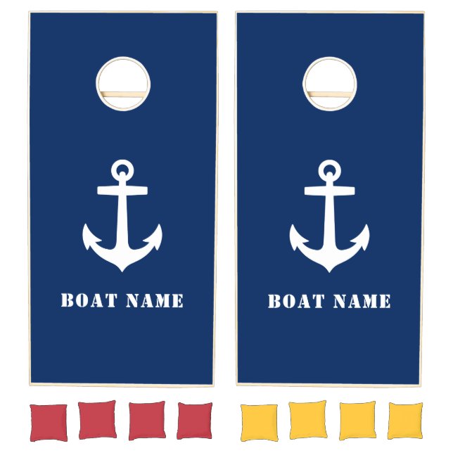 Your Boat Name Classic Anchor on Navy Blue Cornhole Set (Set)