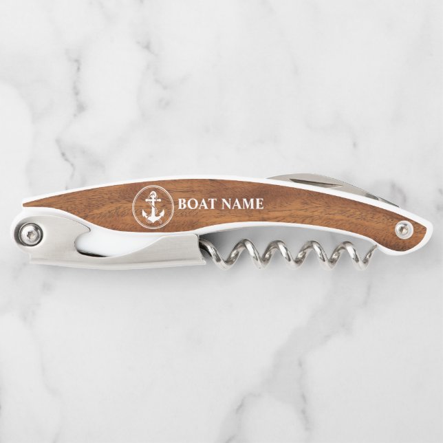 Your Boat Name Classic Rope & Anchor Wood Style Waiter's Corkscrew (Front)