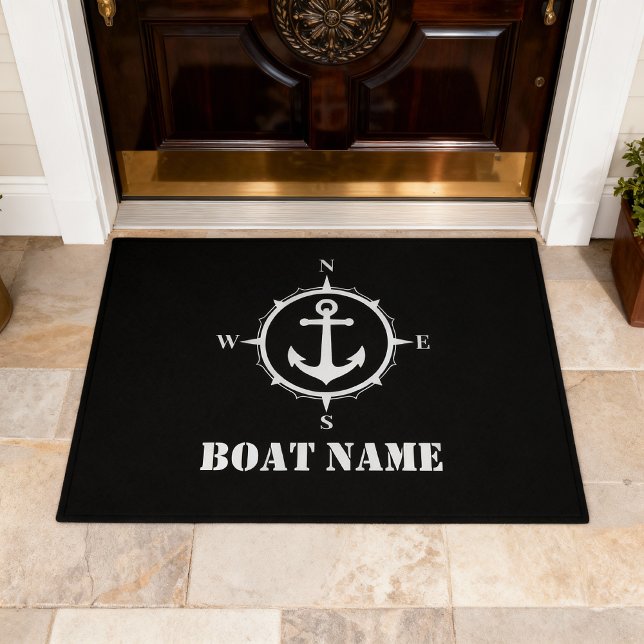 Your Boat Name Compass Anchor Black Doormat (Creator Uploaded)