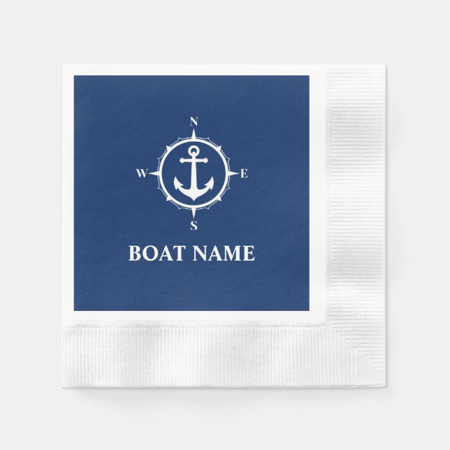 Your Boat Name Compass Anchor Blue Cocktail Napkins (Front)