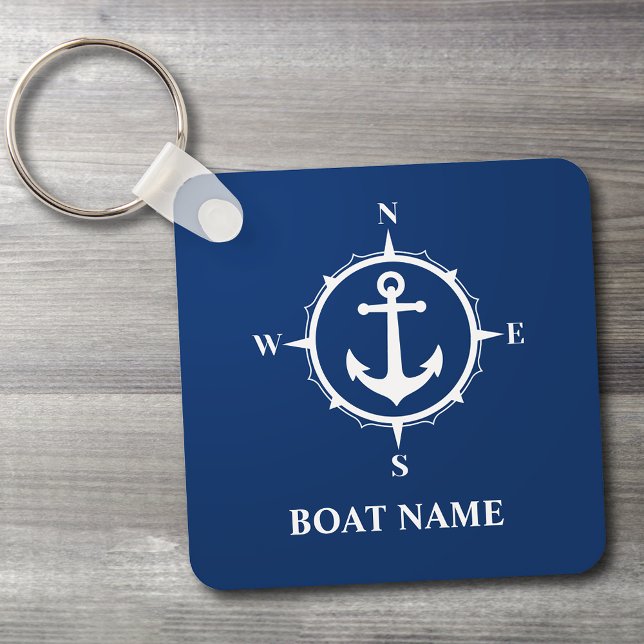 Your Boat Name Compass Anchor Blue Keychain (Edit the design to change the background color if needed.)