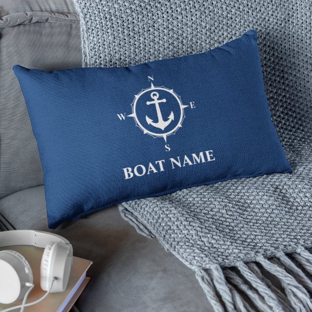 Your Boat Name Compass Anchor Blue Lumbar Pillow (Creator Uploaded)