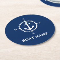 Your Boat Name Compass Anchor Blue Round Round Paper Coaster Your Boat Name Compass Anchor Blue Round Round Paper Coaster