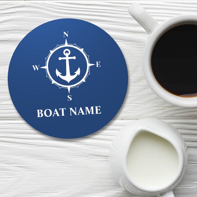 Your Boat Name Compass Anchor Blue Round Round Paper Coaster (Creator Uploaded)