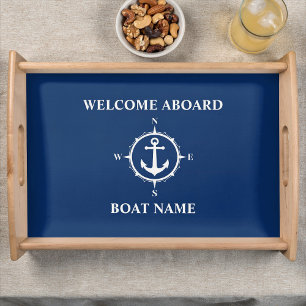 Your Boat Name Compass Anchor Blue Serving Tray