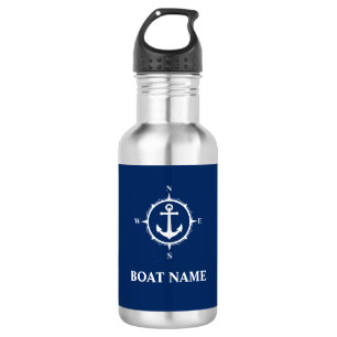 Your Boat Name Compass Anchor Blue Stainless Steel Water Bottle