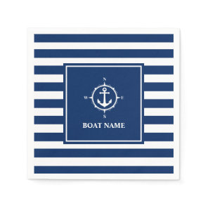 Your Boat Name Compass Anchor Blue Stripes Napkins
