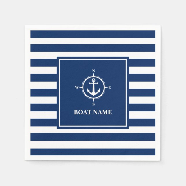 Your Boat Name Compass Anchor Blue Stripes Napkins (Front)