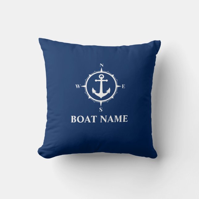 Your Boat Name Compass Anchor Blue Throw Pillow (Front)