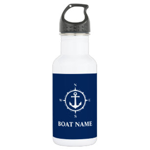 Your Boat Name Compass Anchor Blue White Stainless Steel Water Bottle