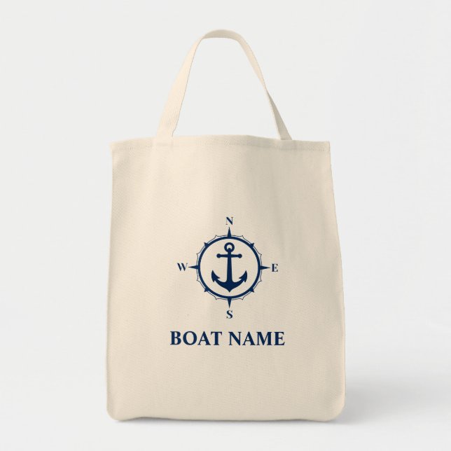 Your Boat Name Compass Anchor Eco-Friendly Grocery Tote Bag (Front)