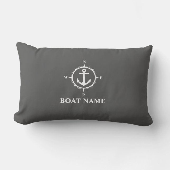 Your Boat Name Compass Anchor Gray Lumbar Pillow (Front)