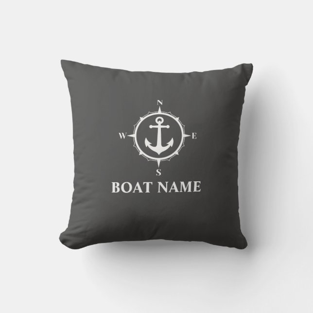 Your Boat Name Compass Anchor Gray Throw Pillow (Front)